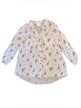 Sirenlily Women Sz PS White Cotton Ditsy Floral Button Up Blouse Shirt V-Neck